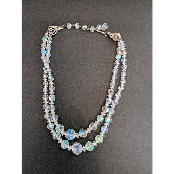 Vintage Aurora Borealis Crystal Beaded Double Strand Necklace With Silver-Tone C - Picture 5 of 6